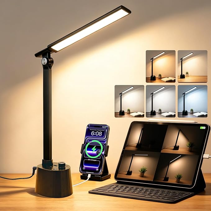 BOHON Small Desk Lamp with USB C Charging Port, Stepless Dimming 5 Colors Reading Light, Space-Saving Rotating Head Desk Lamp for Home Office, Dorm, Bedroom, Black