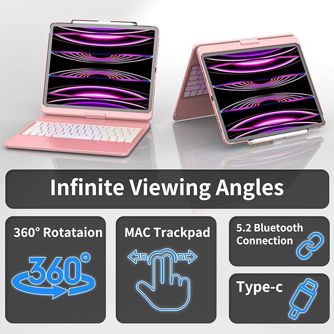 HOTLIFE Keyboard Case for iPad Air 13 inch (M4/M3/M2, 2026/2025/2024), Multi-Touch Trackpad Backlit Keyboard for iPad Pro 12.9 (6th, 5th, 4th, 3rd Gen)-360° Protective Case with Pencil Holder (Pink)