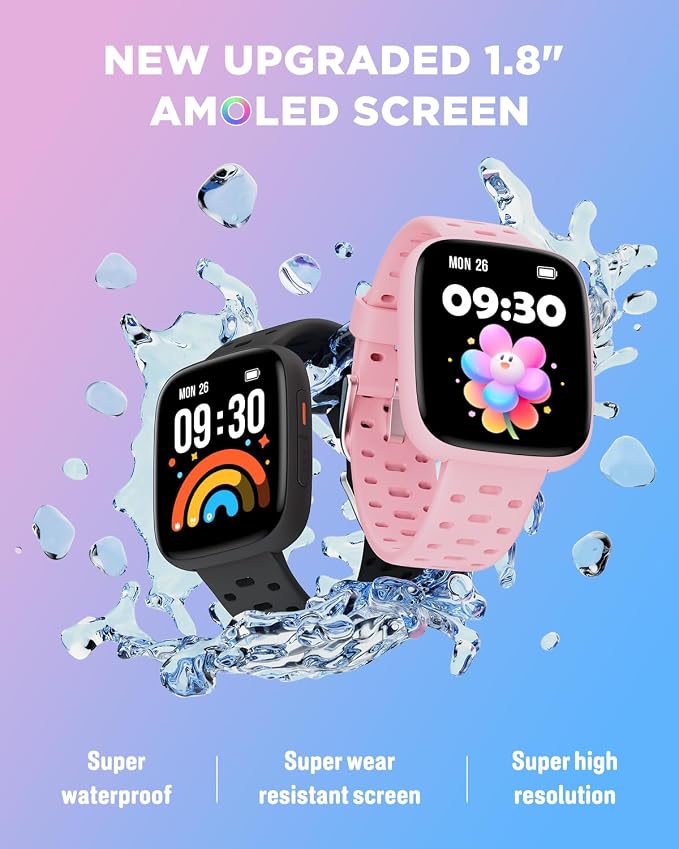 BIGGERFIVE Kids Watch No Phone Needed, 1.8" Amoled Smart Fitness Watch Pedometer, Heart Rate, Sleep Tracker, 30m Waterproof, Step Counter, Puzzle Games, 100+ Dials, Gifts for Girls 5-16, Pink