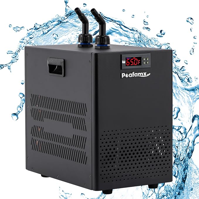 Poafamx Aquarium Chiller 26gal, 1/13 HP Small Water Chiller for Axolotl | Fish Tank Cooler with Quiet Compressor for 20-30 Gallon Saltwater Freshwater Coral Jellyfish Hydroponic 110V