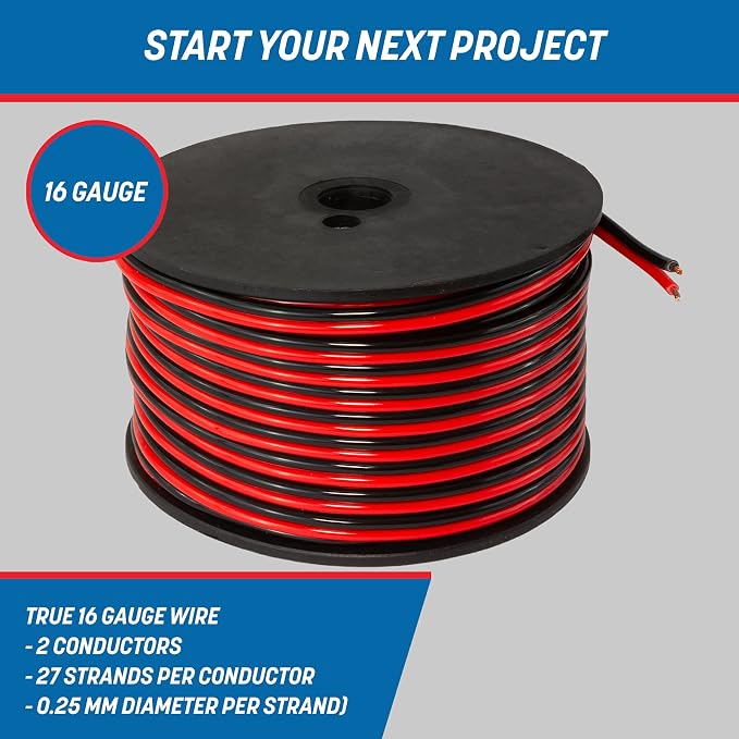 GS Power 16 Gauge Wire 100ft Oxygen Free, OFC Pure Copper Electrical 12v Low Voltage Speaker Wire Spool, 16AWG for Electric, Automotive, Trailer, Stereo, RC, Car, Home Theater, LED, Lamp Wiring
