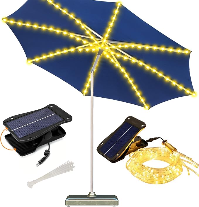 Patio Umbrella Solar Lights with 8 Lighting Modes - Upgraded Larger Solar Panel Clip 5V 152 LEDs Umbrella Lights Outdoor Waterproof for Patio Beach Tent Camping Garden Decor, Warm White