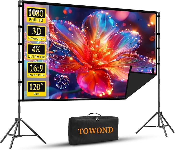 Projector Screen with Stand, TOWOND 120 inch Portable Projector Screen Black Backing, Outdoor Movie Screen 16:9 4K HD Wrinkle-Free Projection Screen with Carry Bag for Backyard Sports Viewing Parties