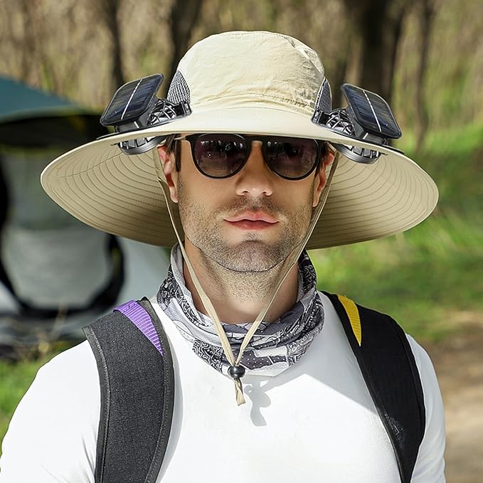 Solar Powered Fan Hat with 2 Fans, Wide Brim Sun Hat for Men Women, Adjustable Cooling Fishing Hat for Outdoor