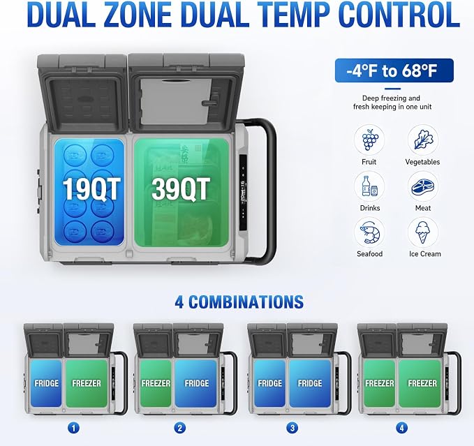 YELLOW JACKET 12 Volt Car Refrigerator 58 Quart, Portable Freezer Dual Zone, -4℉-68℉ Electric Cooler for Camping Road Travel,12/24V DC & 110~240 V AC for Truck RV Home Office