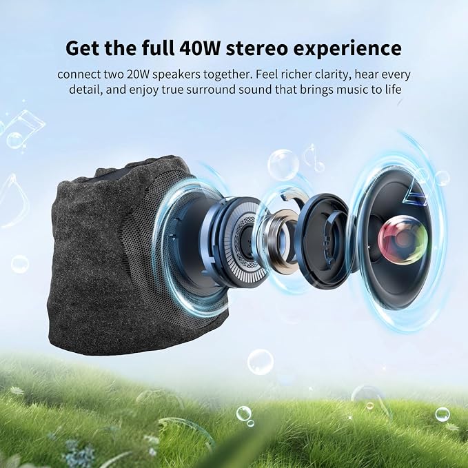 Outdoor Speakers Solar Powered & USB-C Rechargeable, Rock Speakers TWS Pairing Wireless Outdoor Speaker Bluetooth 5.4, LED Light Show, Waterproof, ideal for Backyard BBQ, Garden, Poolside (2-Pc,Black)