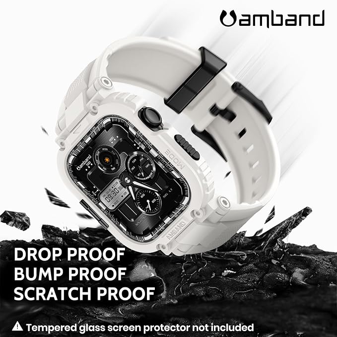 amBand Compatible with Apple Watch Series 11/10 42mm Bands Case for Men Women, M1 Sport Rugged Heavy Duty Protective Cover Tactical Strap Military Protector Bumper for iWatch Accessories - White
