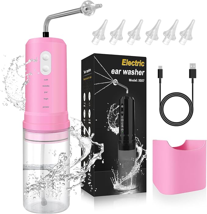 Ear Wax Removal, Electric Ear Irrigation Flushing System, Water Powered Ear Cleaner with 4 Pressure Modes, 6 Reusable Replacement Tips, Safe and Effective Ear Cleaning Tool for Adults (Pink)