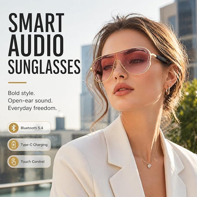 Smart Glasses for Women Men, Open Ear Audio, 7H Playtime, Mic & Speakers | Bluetooth Sunglasses, Touch Control for Sports Driving, Bilateral Power-On, Large Frame, Eye Care for Outdoor