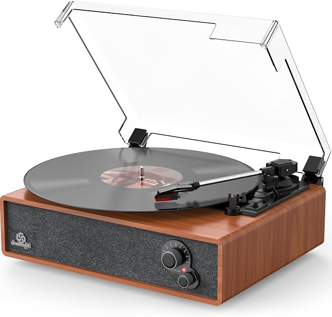 Record Player Built-in Stereo Speakers Vintage Turntable for Vinyl Records LP Phonograph Auto Stop Tone Adjustment Belt Drive 3 Speed 3 Size Support Wireless Input RCA Output Retro Wooden Walnut