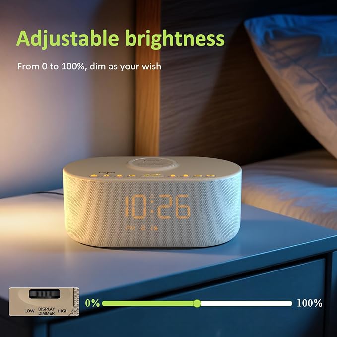 DreamSky Bedroom Radio Alarm Clock with Wireless Charger for Samsung iPhone | Bluetooth Speaker, Loud Alarm for Heavy Sleepers, FM Radio with Sleep Timer, 0-100% Dimmer, 9 Alarm Sounds & 16 Volumes, USB