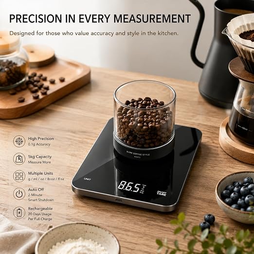 Rechargeable Digital Kitchen Scale, 5kg/0.1g High Precision Food Scale, Ultra Slim & Tempered Glass Platform, Tare & 4 Unit Modes, Perfect for Baking & Cooking