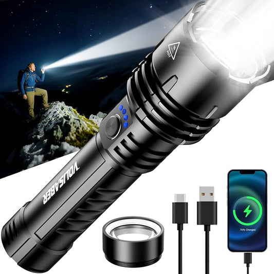 Flashlight 2000 High Lumens, Rechargeable Zoomable LED Tactical Flashlight with Ignition Lens, Emergency Flashlight for Camping Home Security, 5 Modes Waterproof Handheld Flashlights