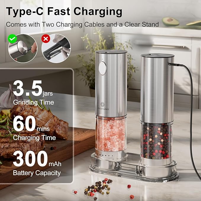 Vivosparks Electric Salt and Pepper Grinder Set - Upgraded 2-Speed Rechargeable Mills with 6-Level External Adjustable Coarseness, Stainless Steel, One-Hand Use, Storage Base