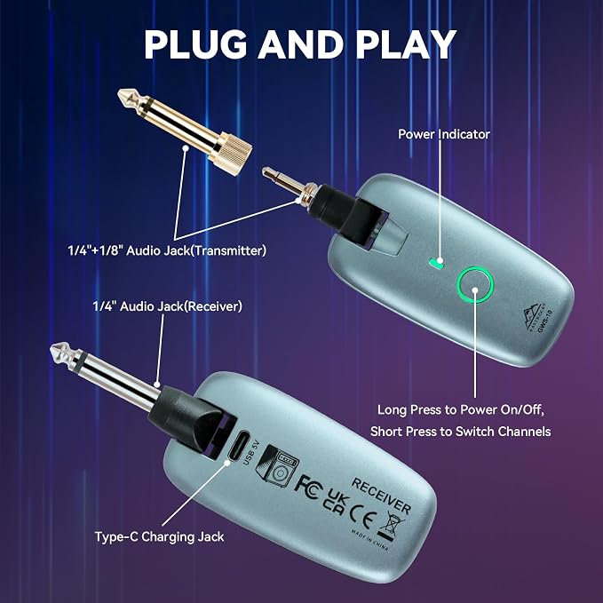 EASTROCK Wireless Guitar System, Guitar Transmitter & Receiver for Electric Guitar, Bass, Keyboard & More Instruments, 7-Channel Rechargeable, 6H Battery, 1/4” & 1/8” Plugs, Blue