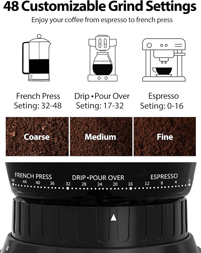 Aromaster Conical Coffee Bean Grinder with 48 Gind Settings,Burr Coffee Grinder for Home Use,Stainless Steel,40 Seconds Adjustable Timer,Anti-static,Easy to Clean with Brush,Classic Silver