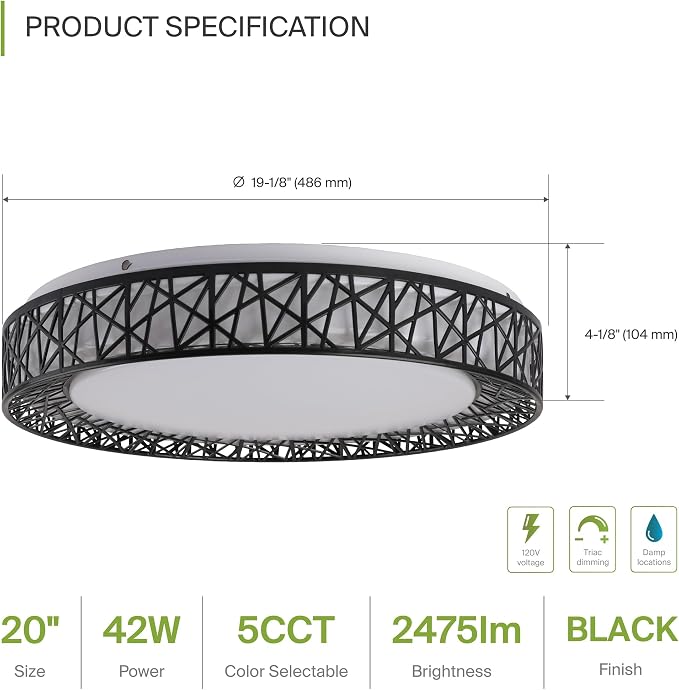 ASD 20 Inch LED Flush Mount Ceiling Light Fixture for Bedroom, 42W 2475LM 5CCT 2700K-5000K, Triac Dimmable Lights, Dining, Living Room, Kitchen Lamps, Modern Home Lighting Fixtures, Black, ETL
