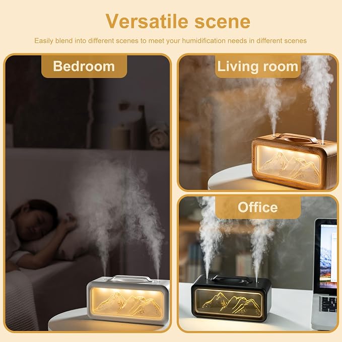 Double Spray Humidifier, 600ML Snow Mountain Small Quiet Cool Mist Humidifier for Plants Dorm Room Bedroom Office Home Personal Humidificador with 2 Mist Modes & 3 Modes Night Light
