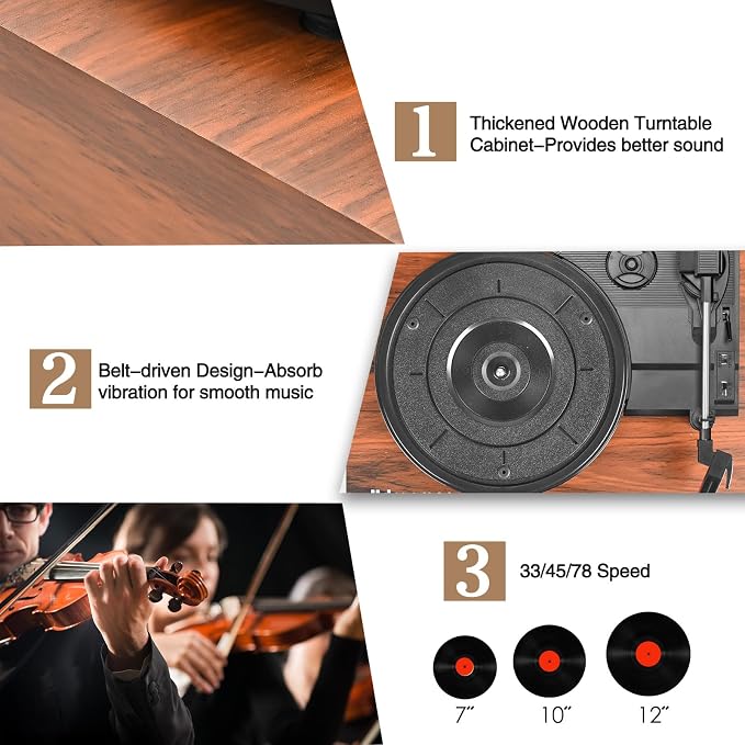 Vinyl Record Player with Upgraded Speakers and USB,Belt-Driven Bluetooth Turntable with 3 Speed AUX Input Headphone Jack and RCA Output