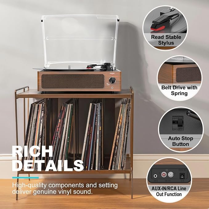 Vintage Record Players for Vinyl with Speakers Belt-Driven Retro Turntable LP Player Support 3-Speed, Bluetooth Playback, AUX-in, Headphone, RCA All-in-one Auto Stop Phonograph Wooden Brown