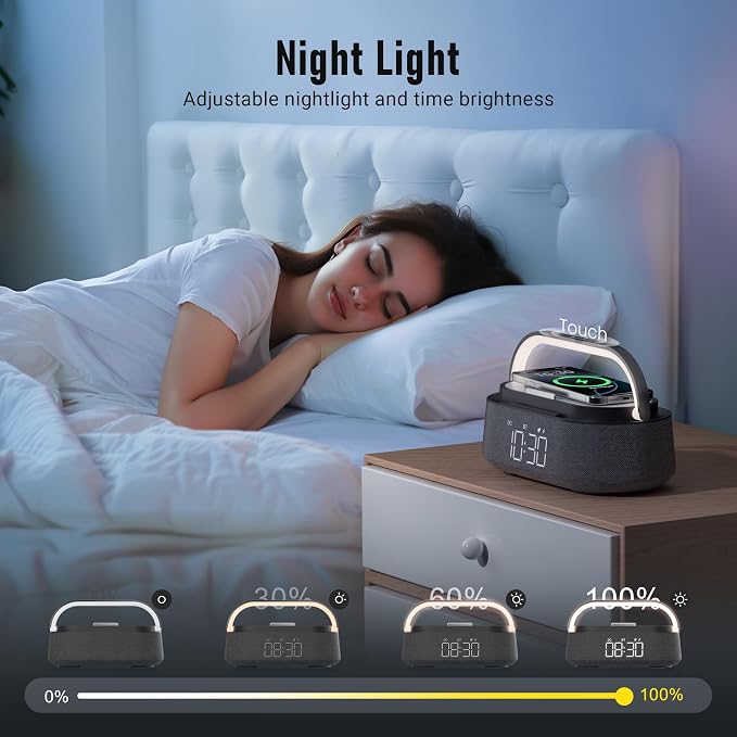 FREEFISH Bluetooth Speaker with Wireless Charger, FM Radio, Adjustable LED Night Light, Dual Wireless Speakers, Suitable for Decoration, Bedroom, Home, Office, Gift, Black