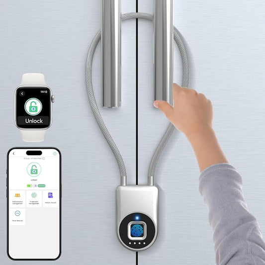 Bestkid Fingerprint Cable Lock, Childproof Fingerprint Padlock Bluetooth APP Contral, 15'' Waterproof Keyless Smart Small Lock Anti Theft for Fridge, Gate, Fence, Home, Office, Silver