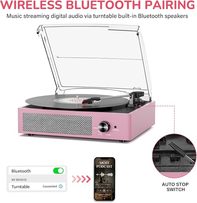 Record Player with Speakers Belt-Driven Vintage Turntables 3 Speed 3 Size Wireless Bluetooth Playback AUX-in RCA Out Headphone LP Vinyl Players Auto Stop Purple Pink