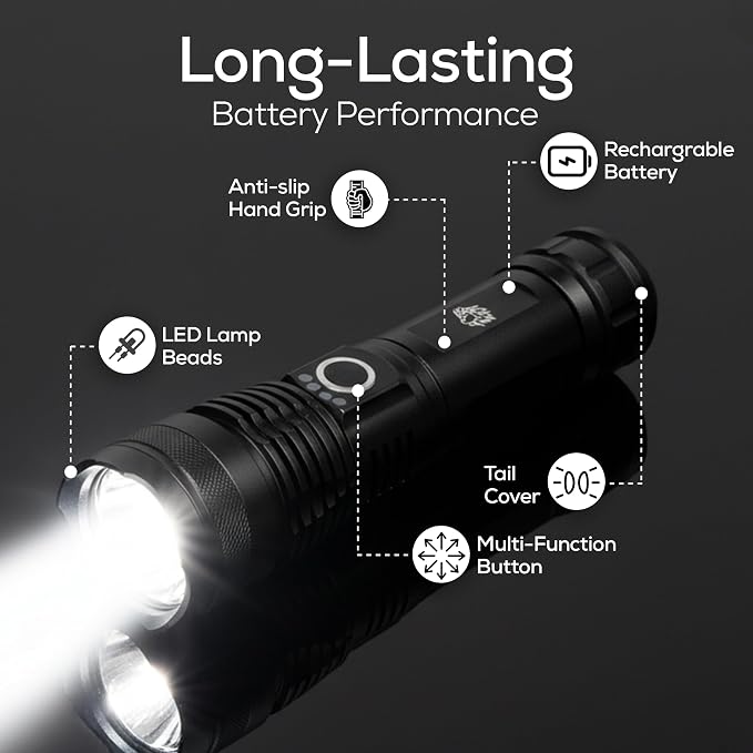 LPO Tactical Flashlight, Compact Rechargeable Flashlights 1800 High Lumen Flashlight Super Bright Pocket Torch, Telescopic Zoom, Waterproof & Shockproof, Led Flashlight Home & Outdoor, Gift for Men