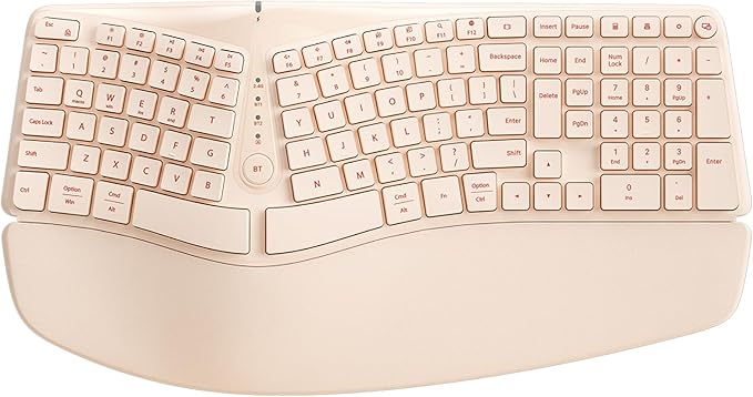 Bow Split Ergonomic Keyboard Wireless with Cushioned Wrist & Palm Rest, Wireless 2.4G/Bluetooth/Wired USB-C, Comfortable Natural Typing, Compatible with Windows/Mac/PC/Laptop, Milk Tea