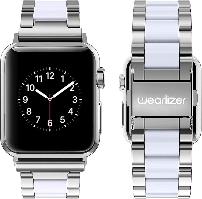 Wearlizer Compatible with Apple Watch Band 42/44/45/46/49mm Fashion Silver Womens Mens， Stainless Steel Strap White Resin Wristband Replacement iWatch Series 11 10 9 8 7 6 5 4 3 SE/Ultra 3 2 1