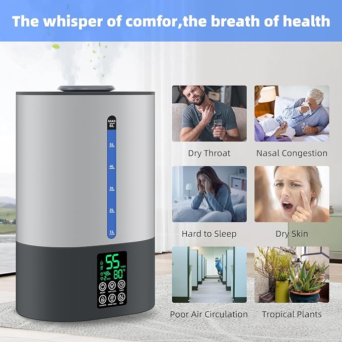 6L Humidifiers for Bedroom Large Room Home, Cool and Warm Humidifiers for Baby and Plants Mist Top Fill Desk Humidifiers Essential Oil Diffuser, Quiet with Adjustable Mist,360°Nozzle-Grey