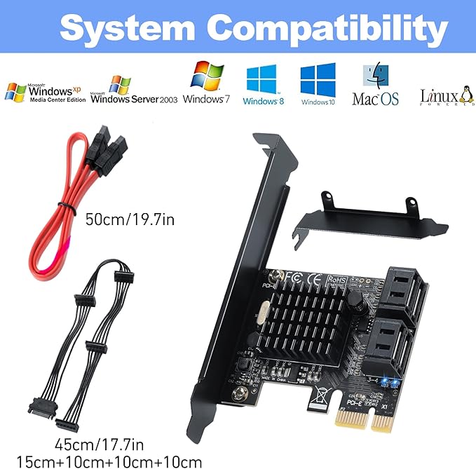 PCI-E X1 to SATA 3.0 Controller Card, 4-Port SATA III 6Gbps Expansion Cards, Supports PCI-Express (1X 4X 8X 16X) Slot, Support SSD and HDD, for Windows10/7/8/XP/Vista/linux