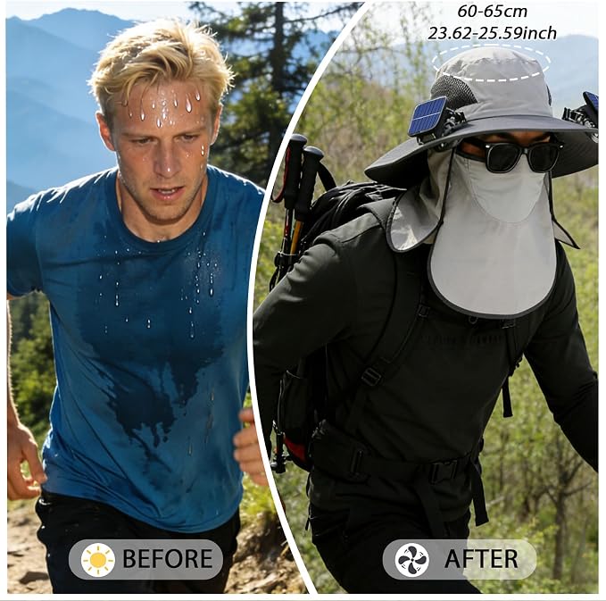 Wide Brim Solar Fan Hat for Men Women, 2026 3-in-1 Detachable Solar Powered Fan Hat, with Removable Neck Cap and Face Mask