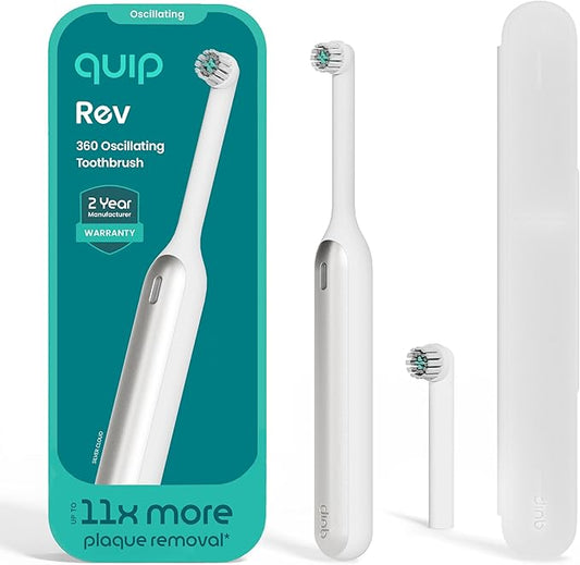 Quip Rev Oscillating Rechargeable Electric Toothbrush with Extra Brush Head - Soft Bristles, Pressure Sensor, 3 Intensities, 30-Day Battery Life, 2-Min Timer, Travel Case, Mirror Mount - Silver Cloud