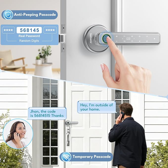 Fingerprint Door Lock, Door Locks for Bedroom, Keyless Entry Door Knob with Handle,Generate Passcode Remotely-Smart Door Lock for Apartment, Office (Silver 02)
