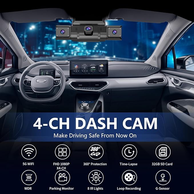 4 Channel Dash Cam 360° View,1080P Front and Rear Inside Left Right,Full HD Dash Camera for Cars,Included 32GB Card,Built-in 5G WiFi GPS & APP Control, 3" IPS Screen, 24H Parking Mode