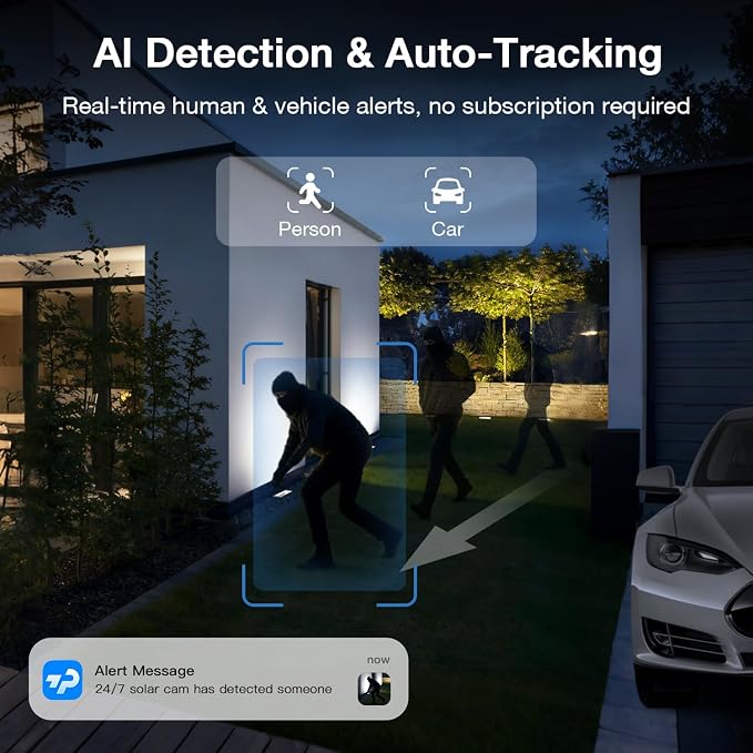 TKENPRO Solar Security Cameras Wireless Outdoor, 2.4GHz Wi-Fi, 24/7 Continuous Recording, Human Auto Tracking, Outdoor Camera Wireless with 2K Color Night Vision, 360° Panoramic View