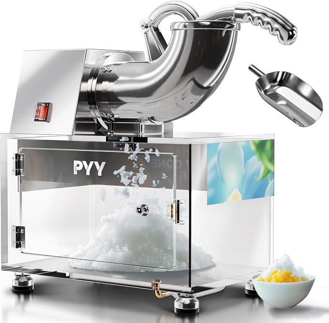 PYY Snow Cone Machine - Commercial Ice Crusher Shaver, Electric Crushed Shaved Snowcone Maker, Stainless Steel Full Body, Dual Blades, Acrylic Box and Drain Pipe, All-Copper Motor 440LBS/H