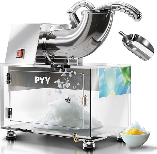 PYY Snow Cone Machine - Commercial Ice Crusher Shaver, Electric Crushed Shaved Snowcone Maker, Stainless Steel Full Body, Dual Blades, Acrylic Box and Drain Pipe, All-Copper Motor 440LBS/H