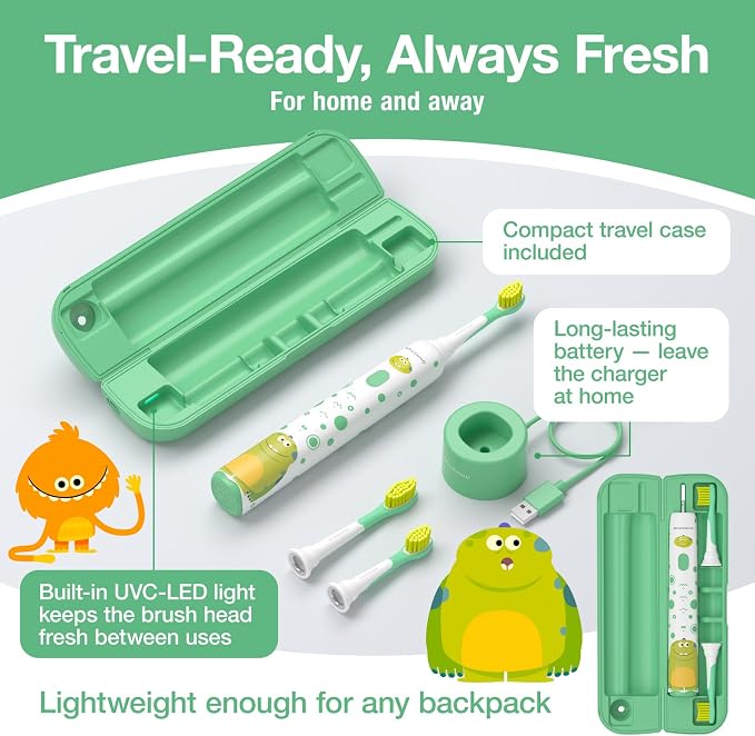 Brushmo x Super Simple Songs Kids Sonic Electric Toothbrush for Ages 3+, Featuring Hugo, 3 Gentle Modes, 2 Brush Heads, Travel Case, Rechargeable with Wall Adapter (BM03)
