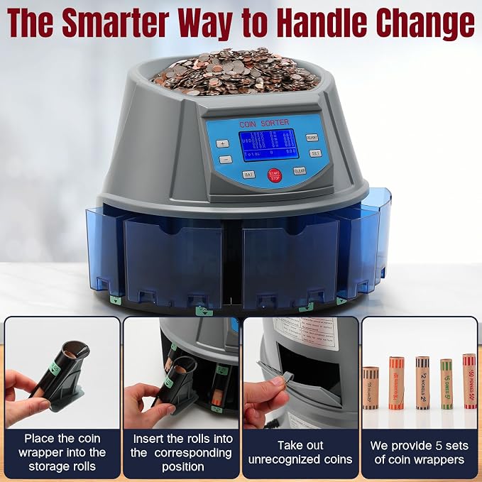 Coin Counter with LCD Dual-Display, Coin Sorter 300 Coins/min, Change Machine Large Capacity Hopper for 1￠ 5￠ 10￠ 25￠ $1, Included 5 Coin Bins & 5 Tubes & 5 Wrappers