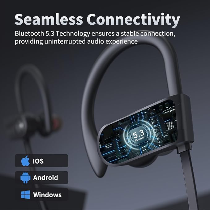 JOYWISE Bluetooth Headphones, Wireless Earbuds Bluetooth 5.3 Headphones with 16Hrs Playtime Stereo Bass Headsets, IPX7 Waterproof Running Earphones for Sports, Black