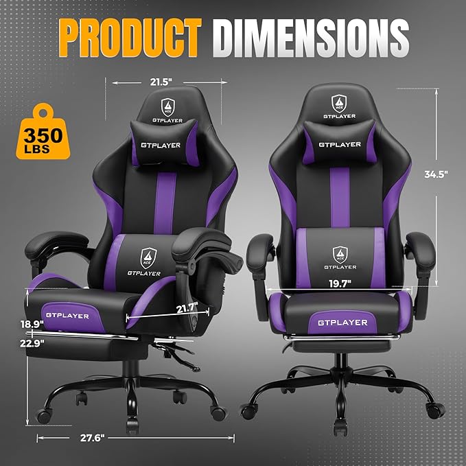GTPLAYER Gaming Chair with Foot Rest & Pocket Spring Cushion, Ergonomic High Back Computer Chair with Headrest & 360°-Swivel Seat for Home Office Desk, PU Leather, Purple