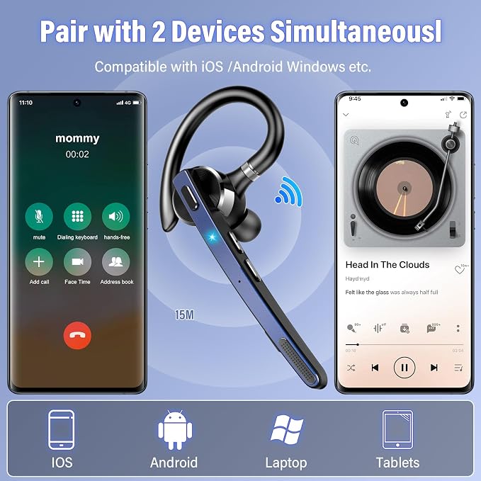 2026 Bluetooth Headset, Wireless Bluetooth 5.3 Earpiece, 90Hrs Single-Ear Headset with APTX HD Audio & Mute Button, Dual Noise Cancelling Mics, Hands Free Headphone for Trucker, Business, Gym, Blue