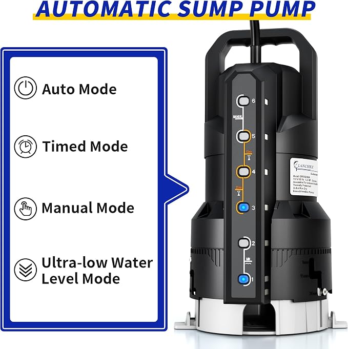 LANCHEZ 1.2HP 6000GPH Automatic Sump Pump with 6 Modes, Clean/Dirty Submersible Water Pump, Thermoplastic Water Removal Transfer Pump with 16FT Cord for Pools Basement Garden Pond, Black