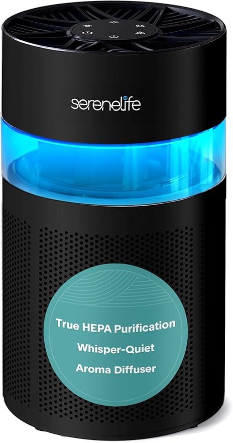 SereneLife HEPA Air Purifier for Home, Compact Quiet Air Purifier with Filter Replacement Alert, Touch Controls, Aroma Box, 2 Fan Speeds & Timer, Suitable for Bedroom or Office Use