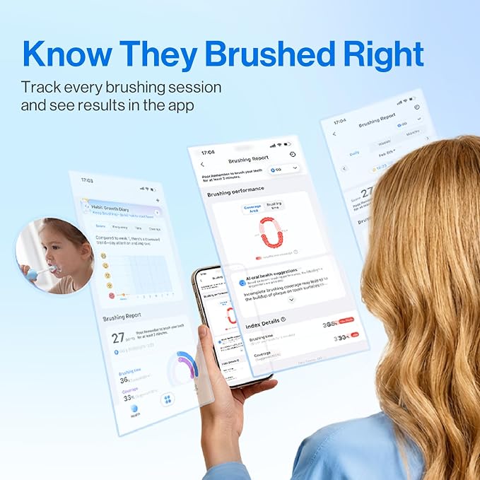 usmile Q30 Kids Electric Toothbrush 3+, Sonic Cleaning with Voice-Guided Brushing, USB-C Rechargeable, Ultra-Soft Brush Heads, IPX8 Waterproof (Blue)