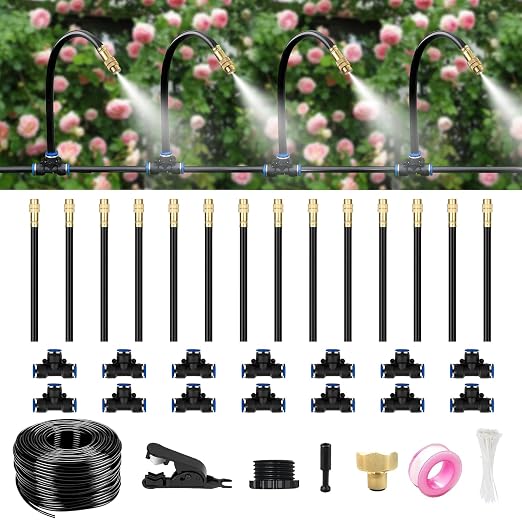 40FT Drip Irrigation System for Garden – Automatic Watering Kit with Solid Brass Metal Connectors, 360° Bendable Tubing & 14 Adjustable Nozzles for Greenhouse, Lawn, Yard & Plants