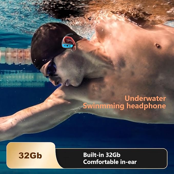 Swimming Headphone Underwater Waterproof Bluetooth ipx8 2 Colors red Blue 32G MP3 Player,in Ear no Falling, for Running Diving Cycling Hiking Gym Spa Other Sports(Blue)
