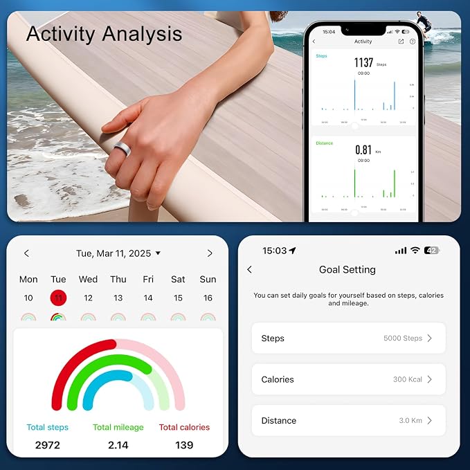 Smart Ring for Women Men,Fitness Tracker Ring with Sleep Monitor,Heart Rate,Blood Oxygen,Steps,Calories Tracker,IP68 Waterproof Smart Rings,5-7 Days Battery Life for iOS Android,No App Fee（Silver,9）